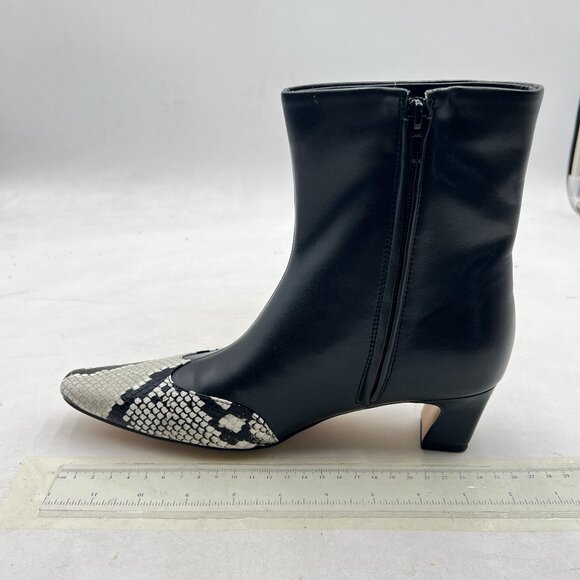 Black Cap Toe Ankle Booties Square Toe Low Heel Short Boot Snakeskin Zipper Shoe - Picture 1 of 7